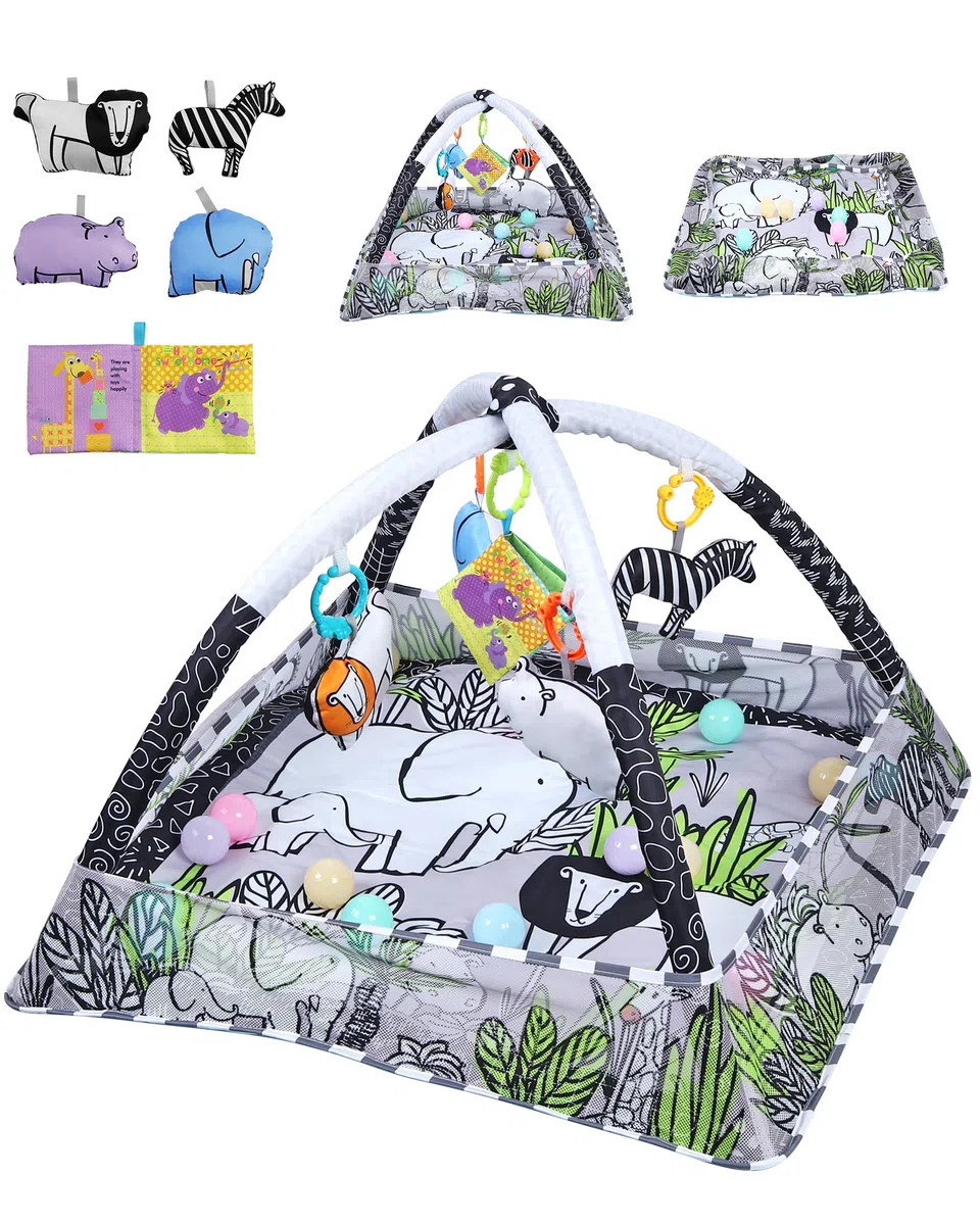 eSynic Baby Gym Spielmatte Spielbogen 7 in 1 Kickin' Tunes Spieldecke Krabbeldecke mit 5 Abnehmbaren Spielzeugen Montessori für Babys von 0-18 Monaten Schwarz-Weiß Kontrast 18 Spielbälle