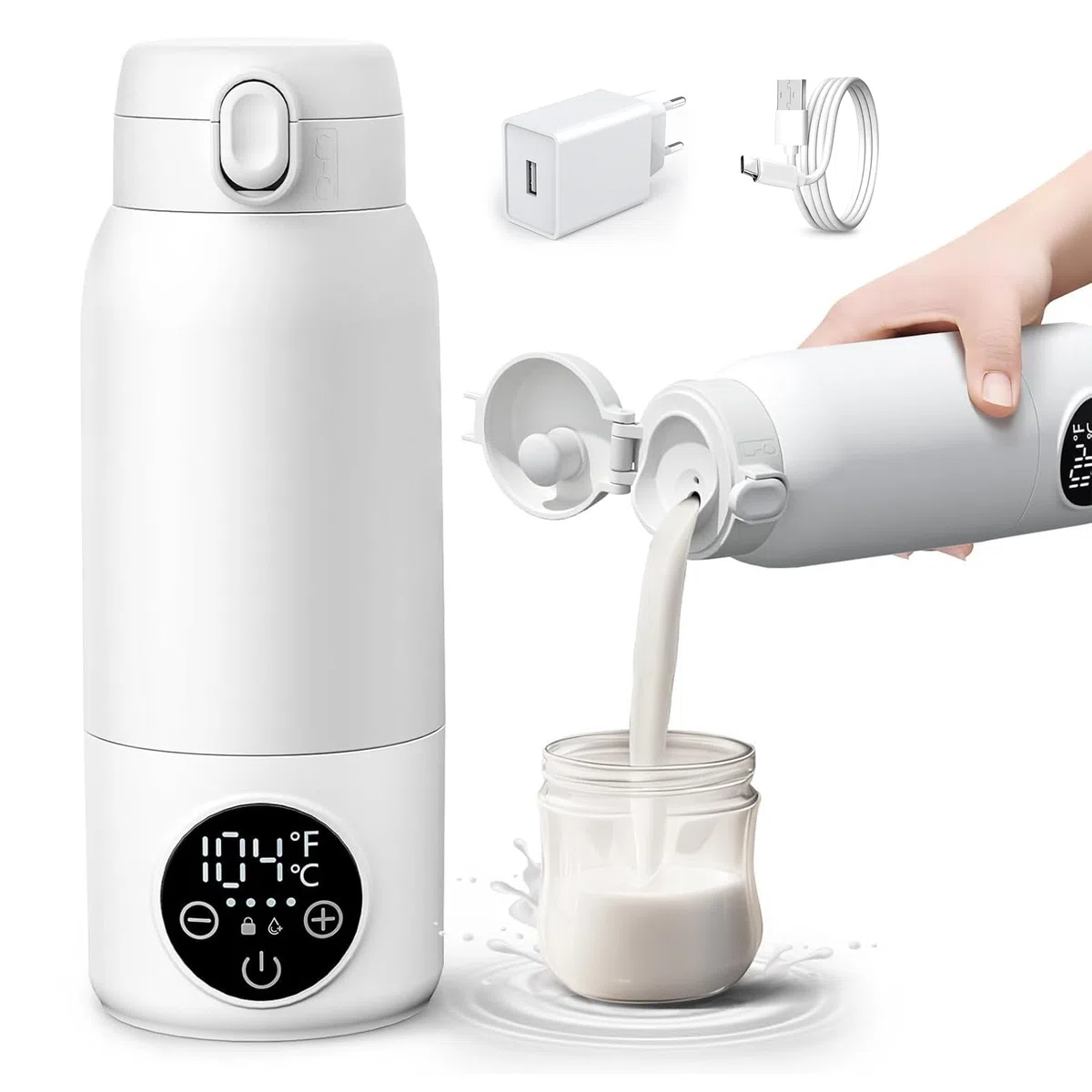 Tragbarer Flaschenwärmer Baby für Unterwegs, Zwei Heizmodi für Muttermilch und Wasser, Schnelles Aufheizen und Lange Akkulaufzeit, 500ml Kapazität, für Auto-und Flugzeugreisen