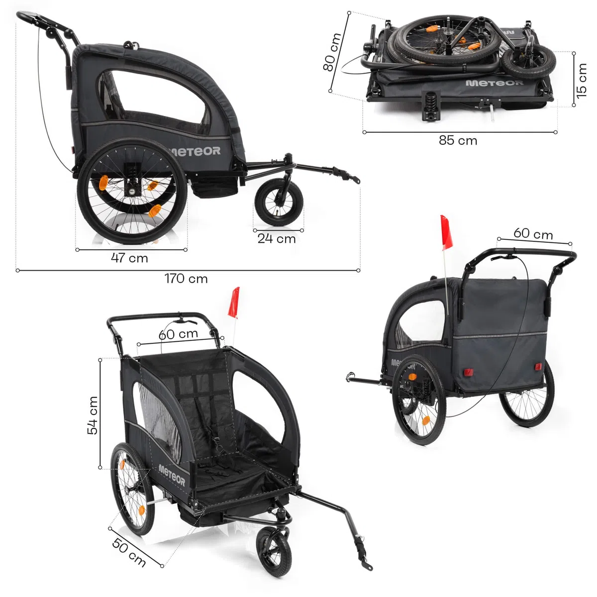 meteor Kinderfahrradanhänger 2 in 1 Fahrradanhänger und Jogger für 2 Kinder bis 44 kg ab 18 Monaten mit Regenverdeck Sicherheitsfahne Reflektoren Handbremse Stauraum Stahlrahmen Grau BX-50