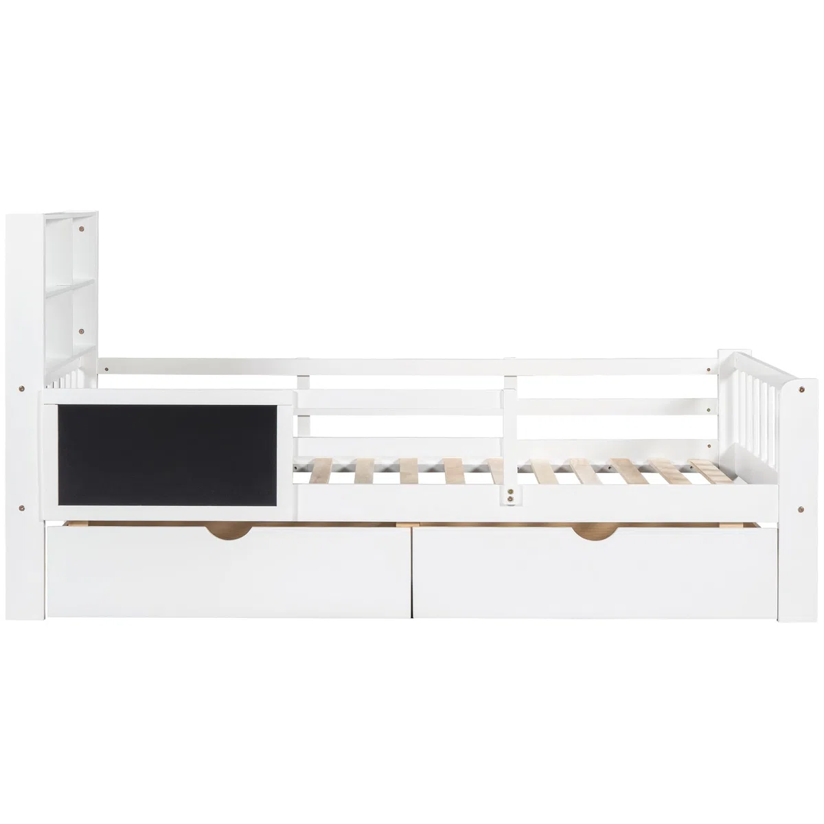 Kinderbett 90x200cm, Einzelbett mit 2 Schubladen und Tafel, Kopfteil mit Bücherregal, Kinder Bett mit Rausfallschutz und Lattenrost, Holzbett Funktionsbett Jugendbett Bettgestell, Ohne Matratze, Weiß