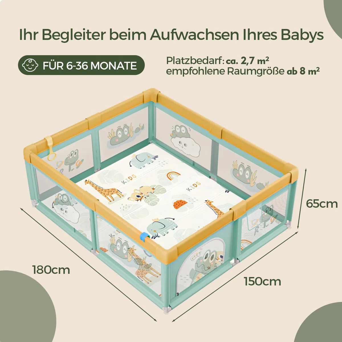 Großes Laufstall Baby Mit Matratze - Sicherer XXL Laufgitter Baby Mit Atmungsaktivem Netz, 60 Bällen, Basketballkorb, 4 Zugringen Und Einer Faltbaren Matte (Grün Krokodil, 150 x 180 x 66 cm)
