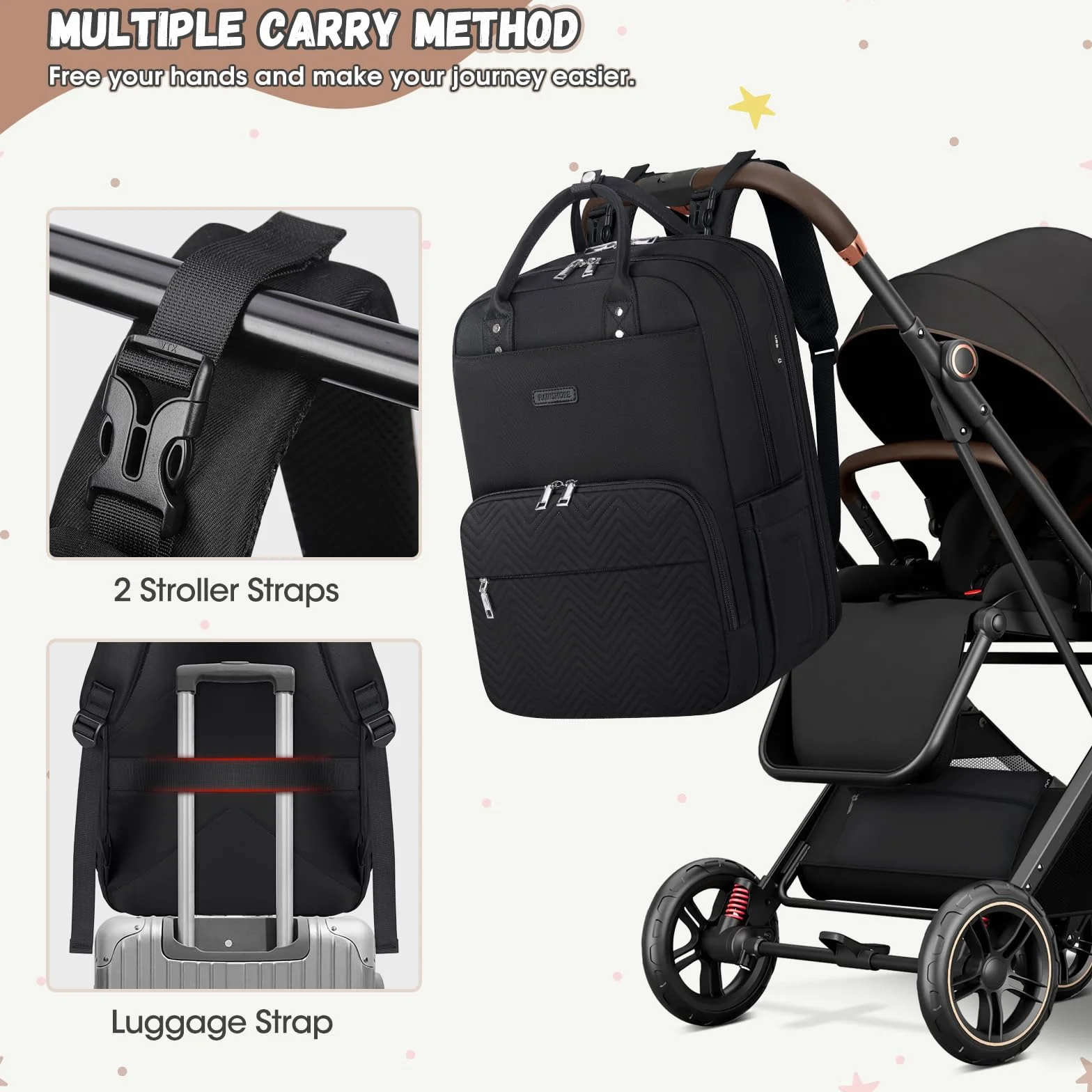 RAINSMORE Wickelrucksack Baby Wickeltasche Rucksack mit Wickelunterlage Unterwegs Groß Diaper Bag Multifunktions Baby Taschen für Mama und Papa Schwarz
