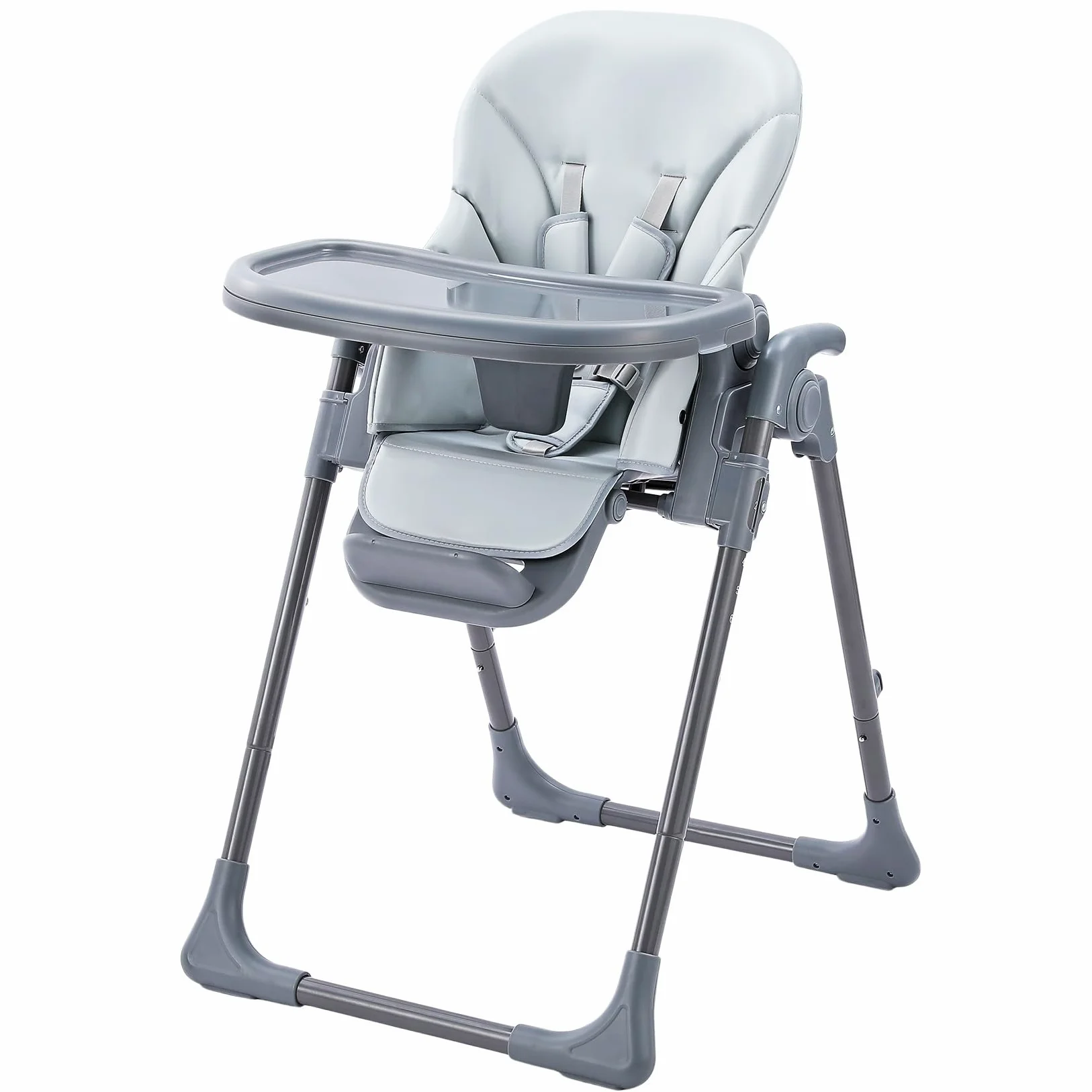 Baby Hochstuhl Klappbar & Höhenverstellbar, Komfort Kinderhochstuhl mit Liegefunktion, Faltbarer Hochstuhl mit Tablett, 5-Punkt-Gurt & Rollen, Platzsparend (Grau)