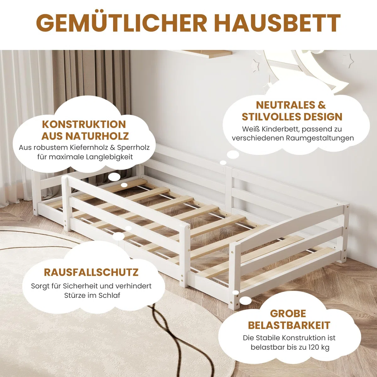 Bodenbett 90x200cm Montessori Kinderbett mit Rausfallschutz & Lattenrost Kiefer Massivholz bis 100 kg belastbar für Jungen Mädchen Kinder Bett
