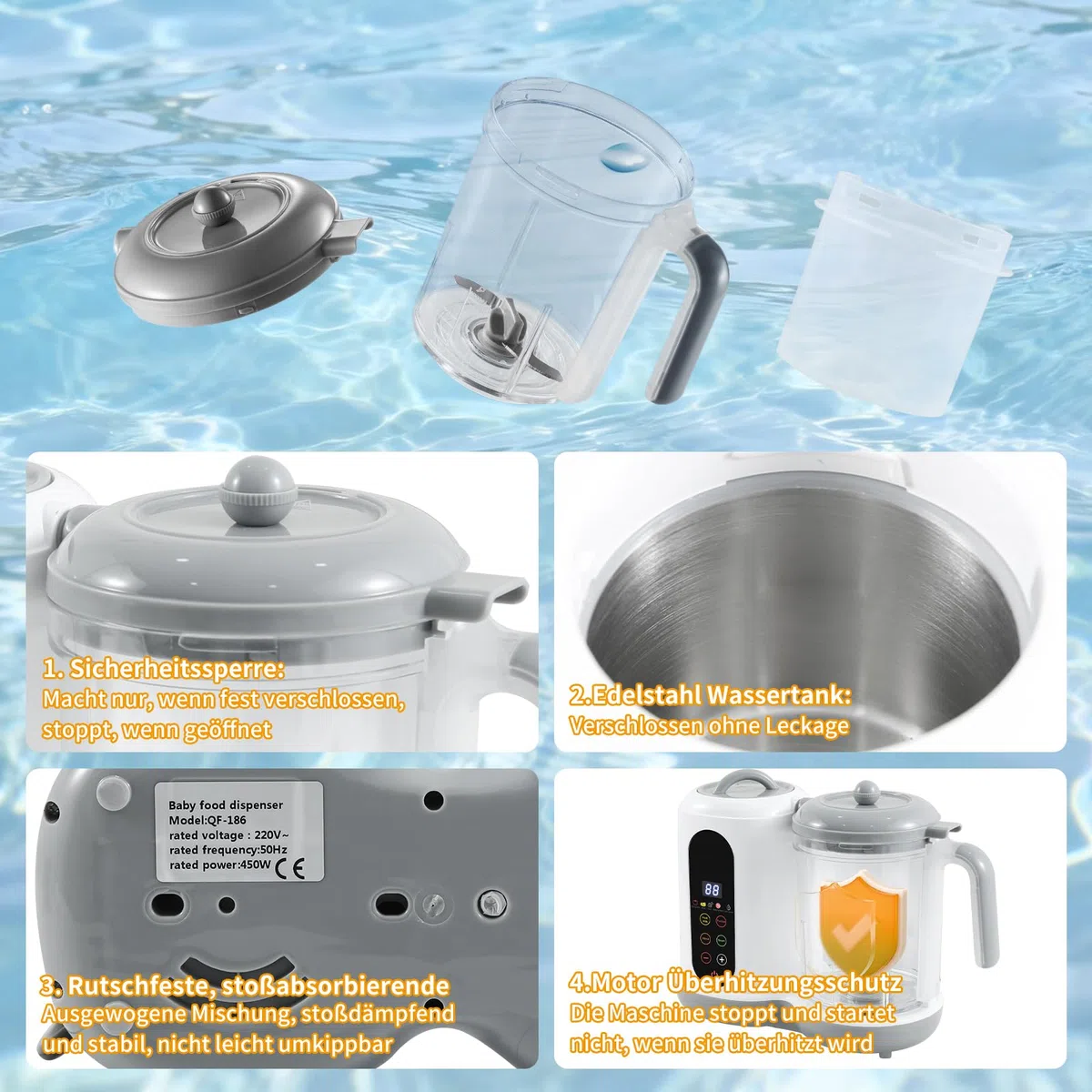 Babynahrungszubereiter, 400ML Baby Food Maker, Babybrei Zubereiter, Dampfgarer Mixen, mit voreingestellten Modi 4 Menüs, automatisches Kochen und Mahlen, Selbstreinigung, Touchscreen-Steuerung