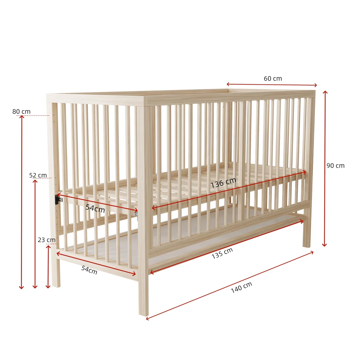 Holz Babybett Höhenverstellbar,Multifunktionales Gitterbett,Baby Cot Babybett Mitwachsend Beistellbett Staffelei Schreibtisch,ohne Matratze,140x60x90cm