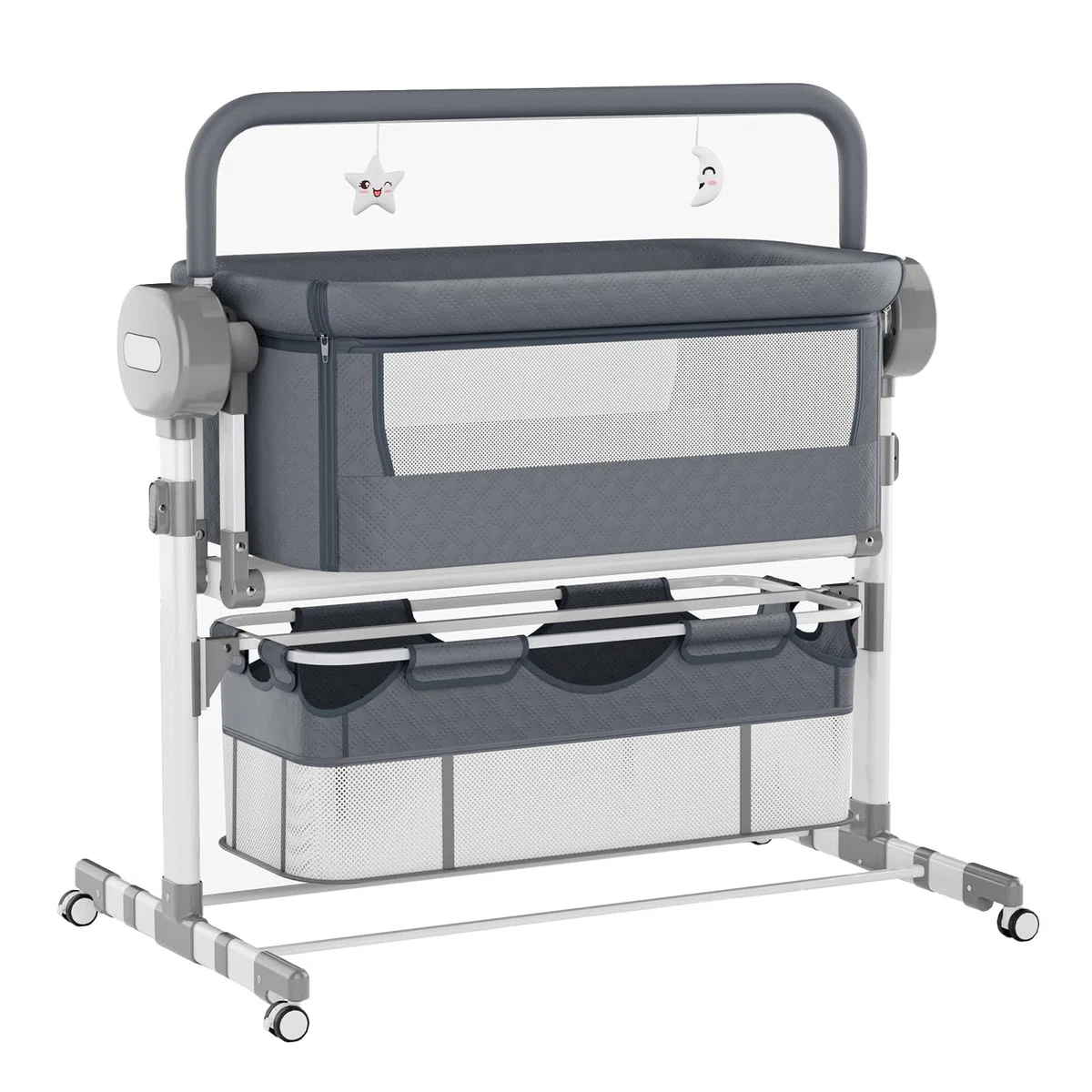 Tragbares Bettchen 3 in 1, Babyschaukel, Neugeborenenbett, mit Wickeltisch, Moskitonetz, Aufbewahrungskorb, Matratze, 4 Räder, für 0-24 Monate Baby (Elektrisch GRAU)