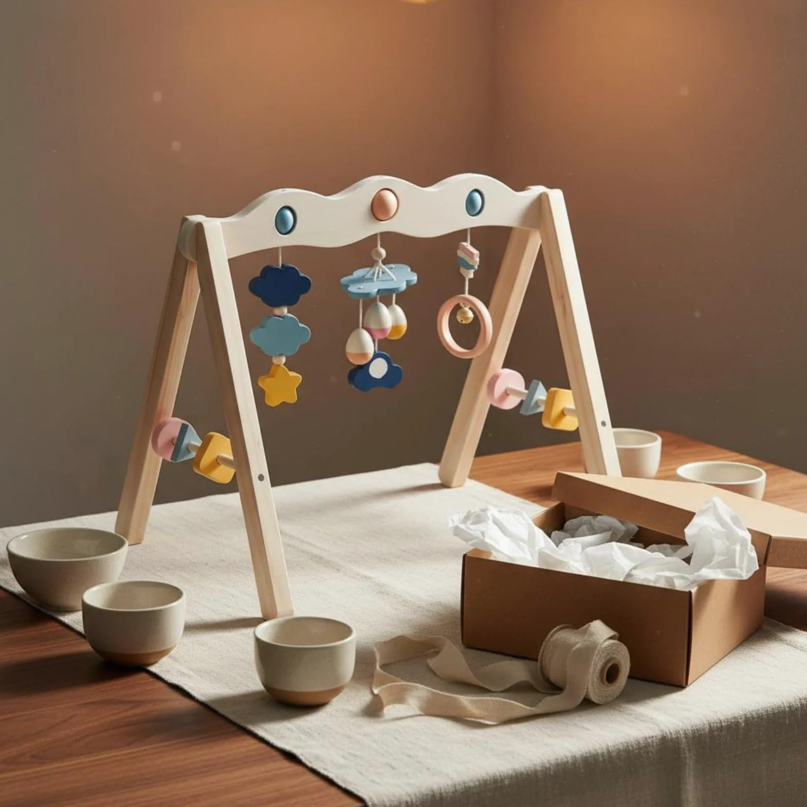 Kinder Fitnessständer Babyspielbogen Holz Spielrahmen Aktivitätsbogen Motoriktrainer mit Stabilem Buchenholz Rahmen Und Hängenden Formen Unterstützt