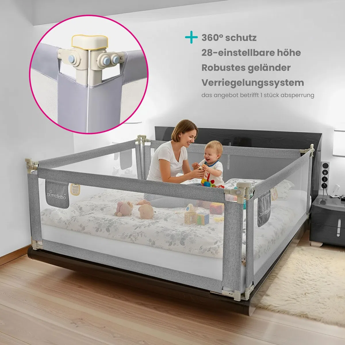Primabobo Bettschutzgitter 160 cm – Rausfallschutz Kinderbett, höhenverstellbar, extra stabil (1.1 mm Stahl), klappbar & kindersicher, Bettgitter für Kleinkinder – Hellgrau