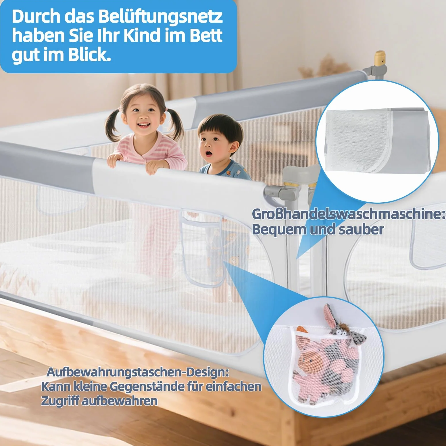 OUUTMEE 200cm Bettschutzgitter Bett Rausfallschutz Kinder Klappbar Rausfallschutz 30 Fach Höhenverstellbar Bettgitter,Grau-Weißes Farbblockmuster