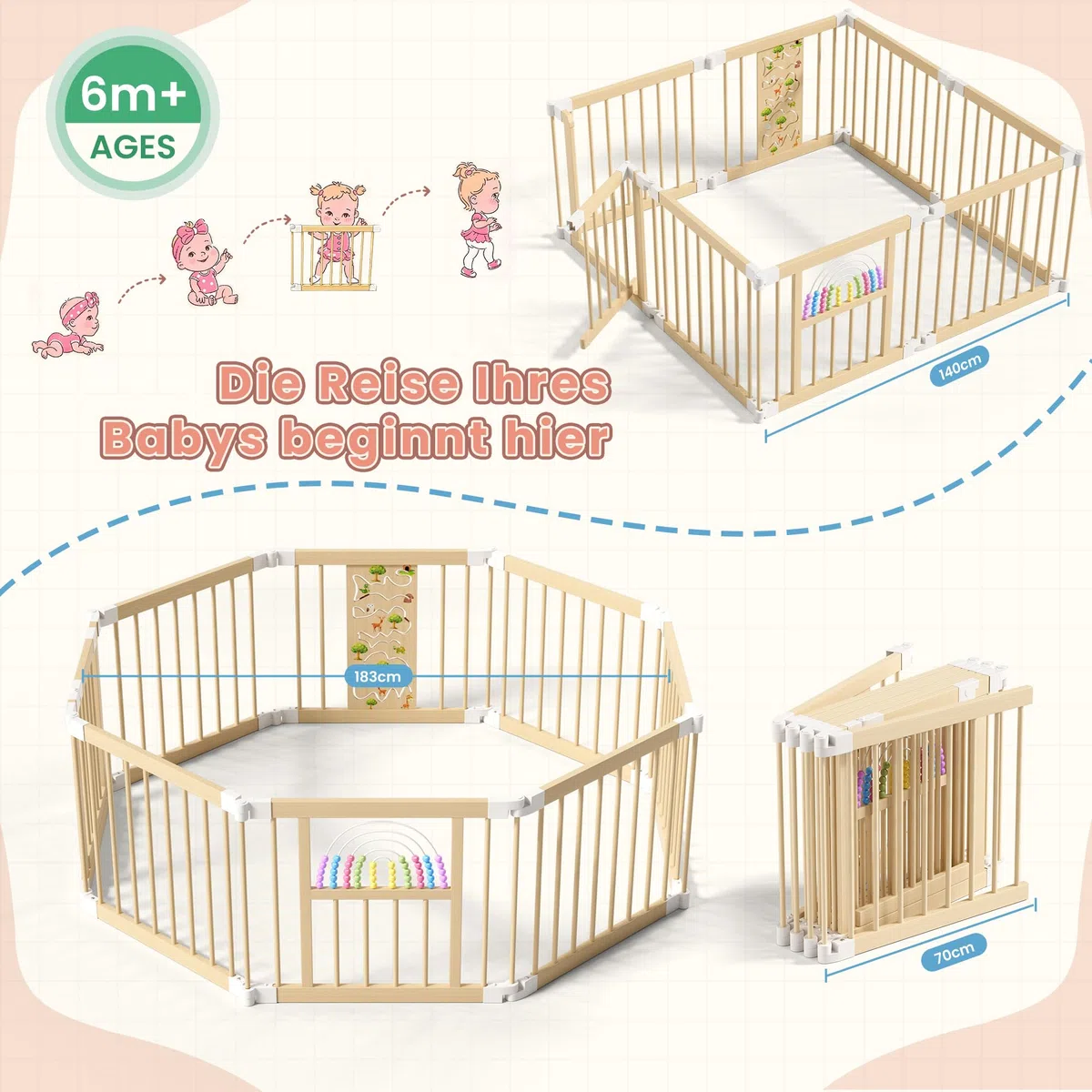 BLEKOO Laufstall Baby Holz mit Spielcenter – 140 x 140 cm Laufstall Baby Faltbar | Verstellbarer Holzlaufstall mit Spielzeug & Tor (8-teilig)