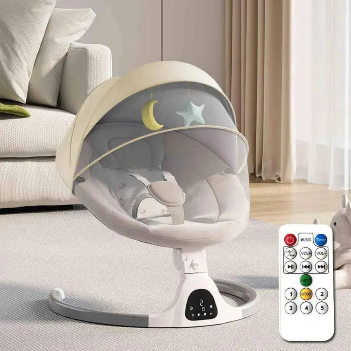 Bluetooth-Baby-Schaukel für Säuglinge, 5 Geschwindigkeit Musik-Lautsprecher mit 12 voreingestellten Schlaflieder, Fernbedienung Indoor-Baby-Wippe mit Touchscreen Stuhl für 0-9 Monaten (Khaki)