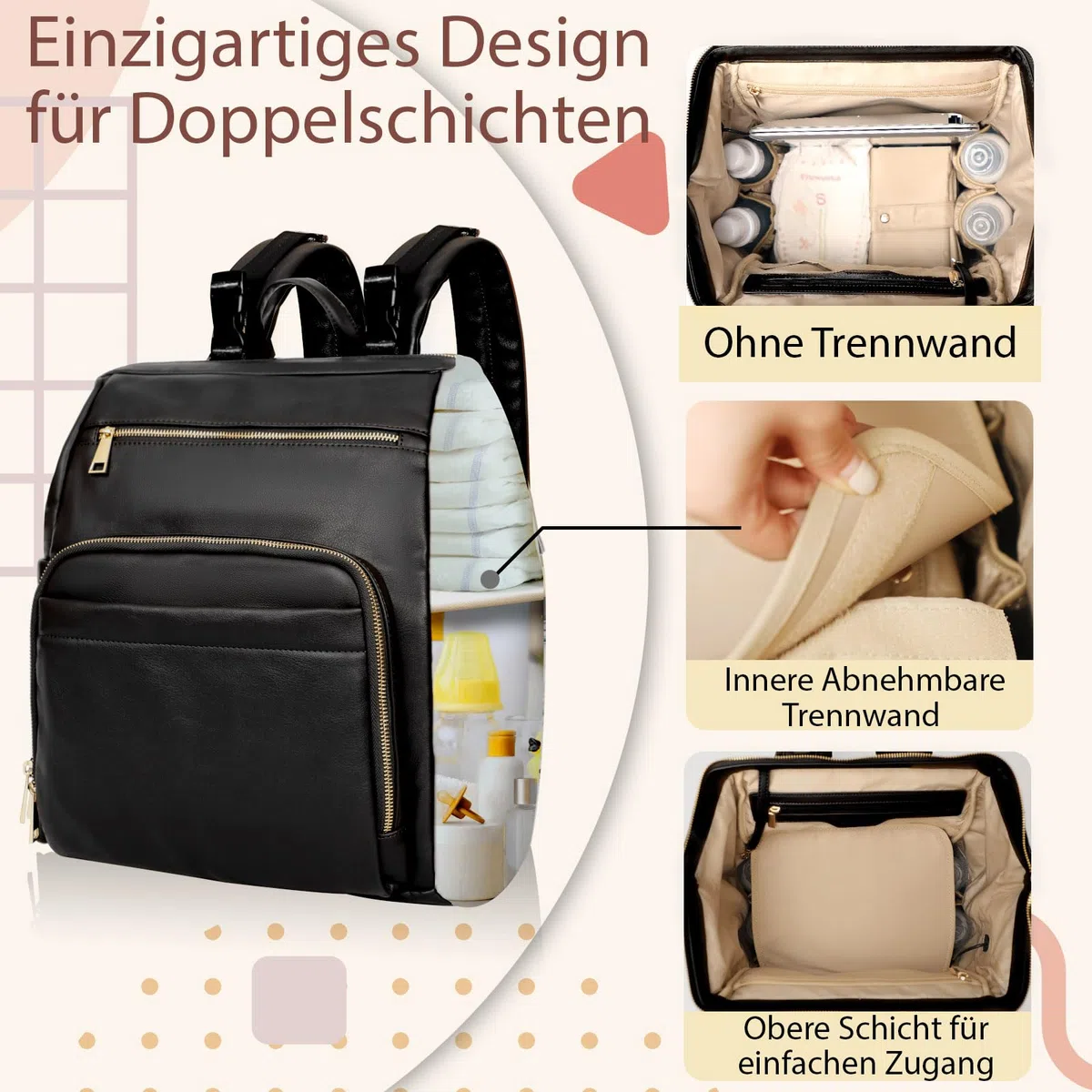 MISS FONG Wickelrucksack Wickeltasche Große, Baby Rucksack Wickelrucksack Leder Lässig Babytasche Kapazität Mit 18 Wickeltasche Organizer, Wickelunterlage für Mama & Papa-Schwarz