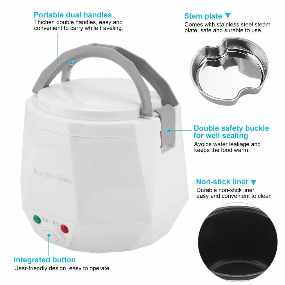 1.6 L Mini Reiskocher Elektrische Lunchbox Mini Electric Pot Tragbarer Multifunktionskochtopf Dampfgarer mit Antihaft Innentopf für truck Einsatz, 24V 140W(Weiß )