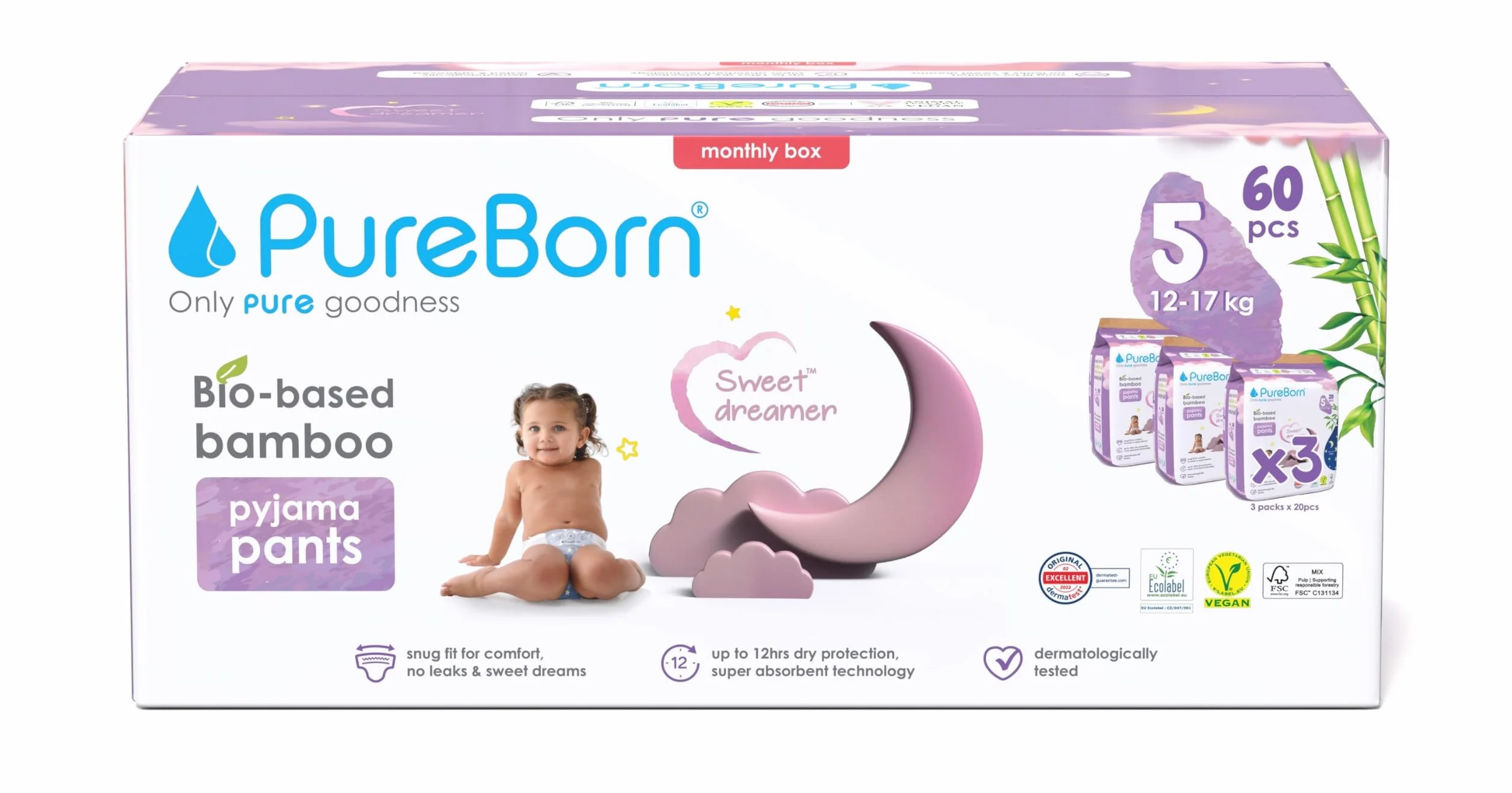 PureBorn Bio Bambus Nachtwindeln, Größe 5 (12-17 kg), 60 Stück Pyjama Windeln Pants, Auslaufschutz für die ganze Nacht, Extra Absorption, Geruchsschutz, Höschenwindeln mit Nässeindikator