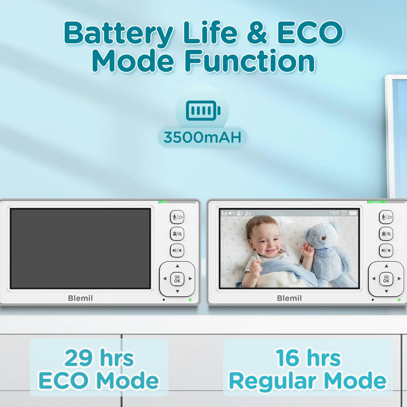 Blemil Babyphone, 4.3 ''Sreen mit 29-Stunden-Akku, Schwenk-Neige-Zoom-Video-Babyphone mit Einer Kamera und Audio, Infrarot-Nachtsicht, ECO, 2-Wege-Gespräch, 8-Lullabies, Kein WLAN