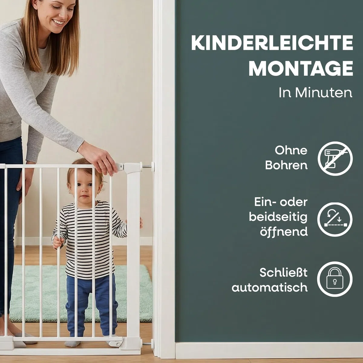 Safetots SafeStep Treppenschutzgitter ohne Bohren Weiß – Maximale Sicherheit für Babys & Haustiere – Visuelle Schließkontrolle – Beidseitig öffnend – Komfortables Tür- & Treppengitter 68cm - 75cm