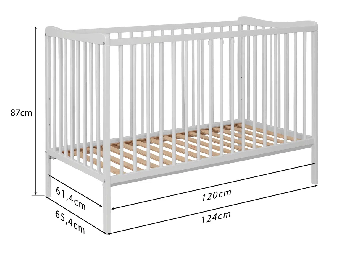 Kinderbett Sasha 120x60 cm aus Buchenholz, umbaubar zum Juniorbett mit Rausfallschutz, EN 716 geprüft, 3-Fach höhenverstellbar (Weiß)