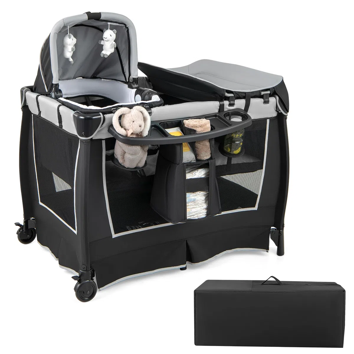 COSTWAY 6 in 1 Reisebett mit Matratze, mobile Babywiege mit verstellbarem Vordach, Babybett Beistellbett klappbar mit Wickelauflage, Spieluhr & Tragetasche für Baby bis 3 Jahre, 15 kg Belastbar (Grau)