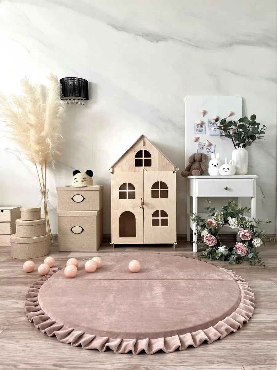 Beige Runde XXL Spielmatte aus Weicher Samt für Kinder und die ganze Familie mit abnehmbarem Bezug 125x125 cm Babyspielmatte Kuschelmatte rutschfest Waschbar Kinderzimmer