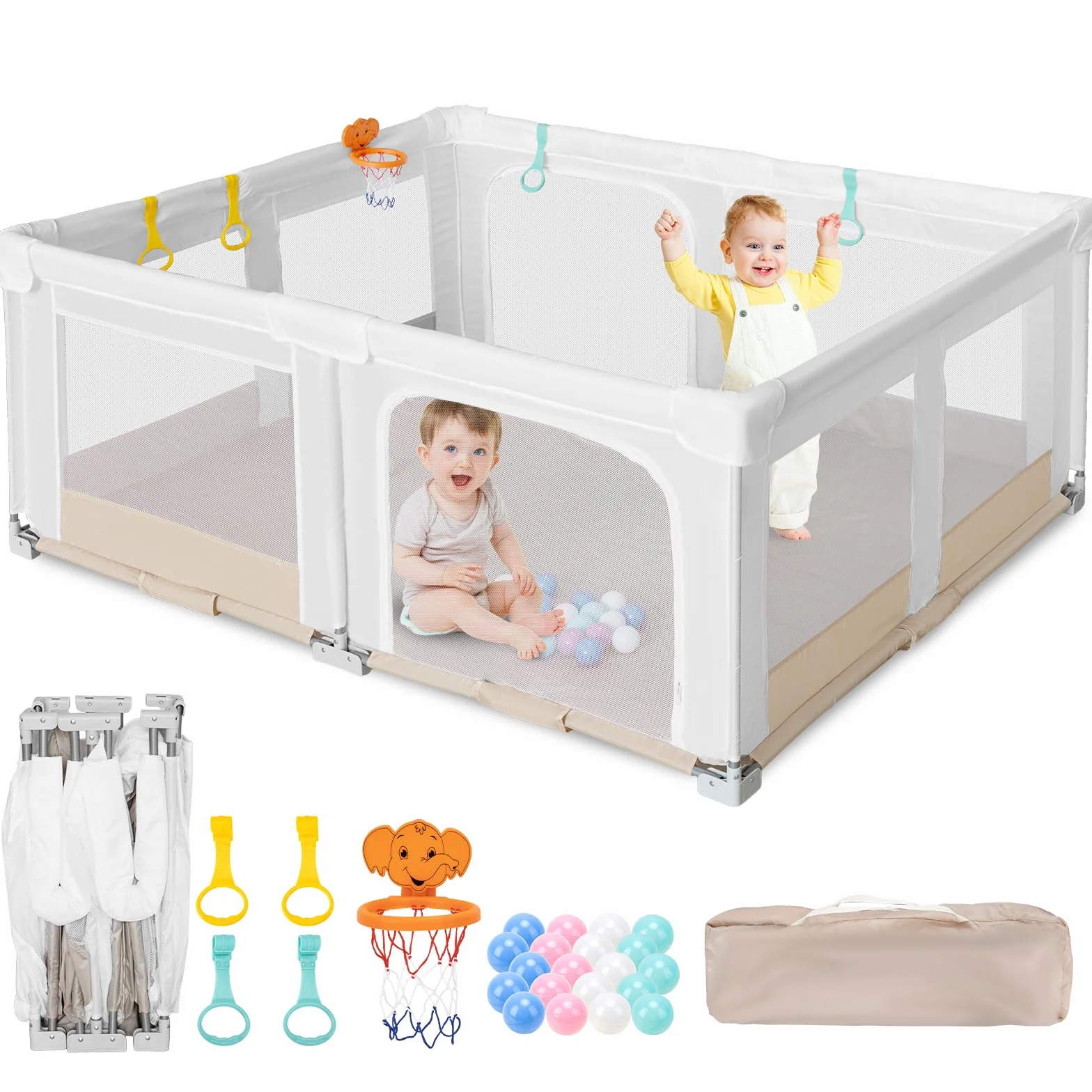 Großer und Faltbarer Laufstall für Baby: 180 x 150 x 75 cm Playpen,für Drinnen und Draußen,mit 20 Bällen,1 Basketballkorb,4 Griffen und 1 Reisetasche – Idealer Spielbereich für Kinder