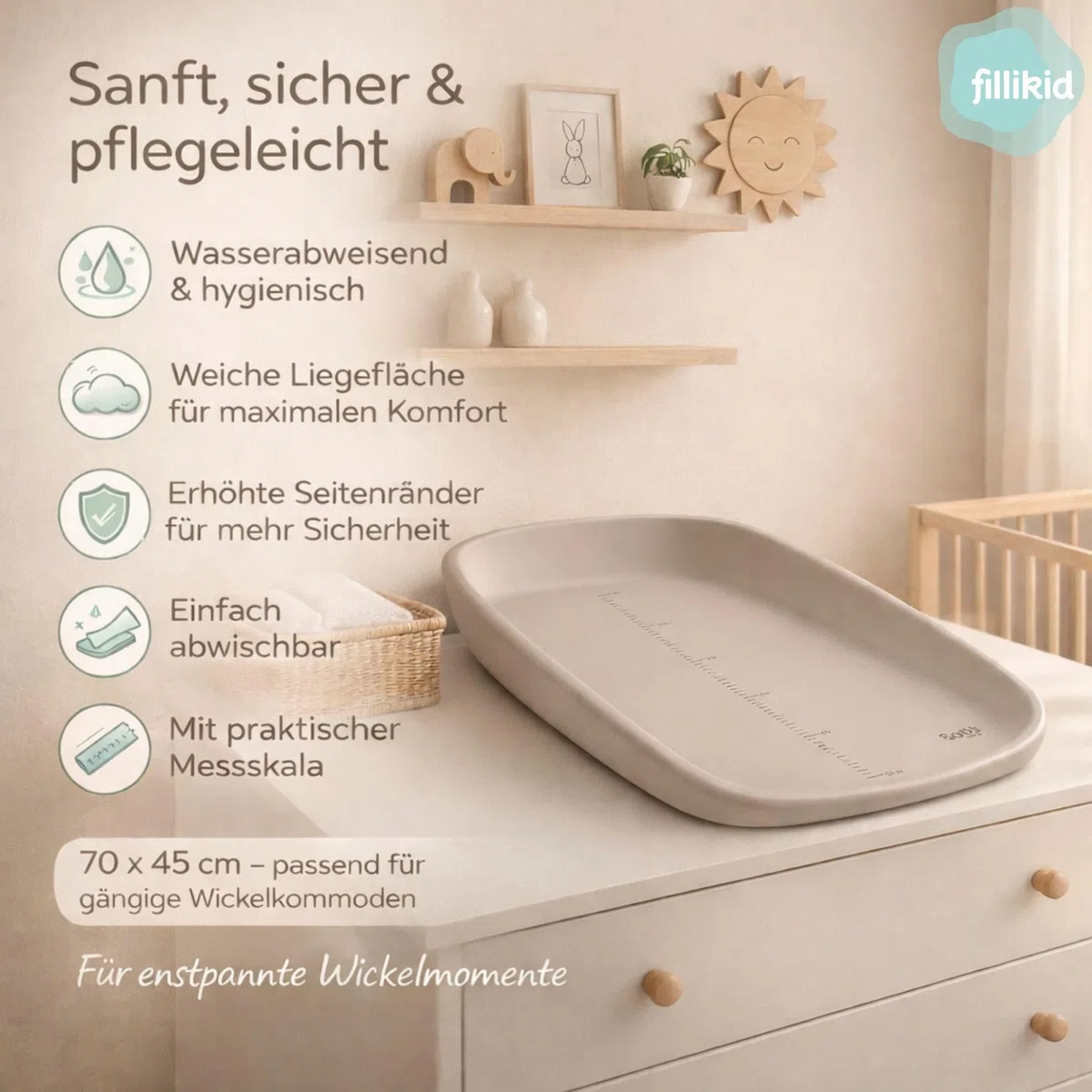 Fillikid Wickelmulde Soft Care Exklusiv 72x45 cm | Abwaschbare Wickelauflage aus EVA | Weiche Liegefläche mit erhöhtem Rand | Pflegeleicht & hygienisch | Modernes Design für Babyzimmer, ab Geburt