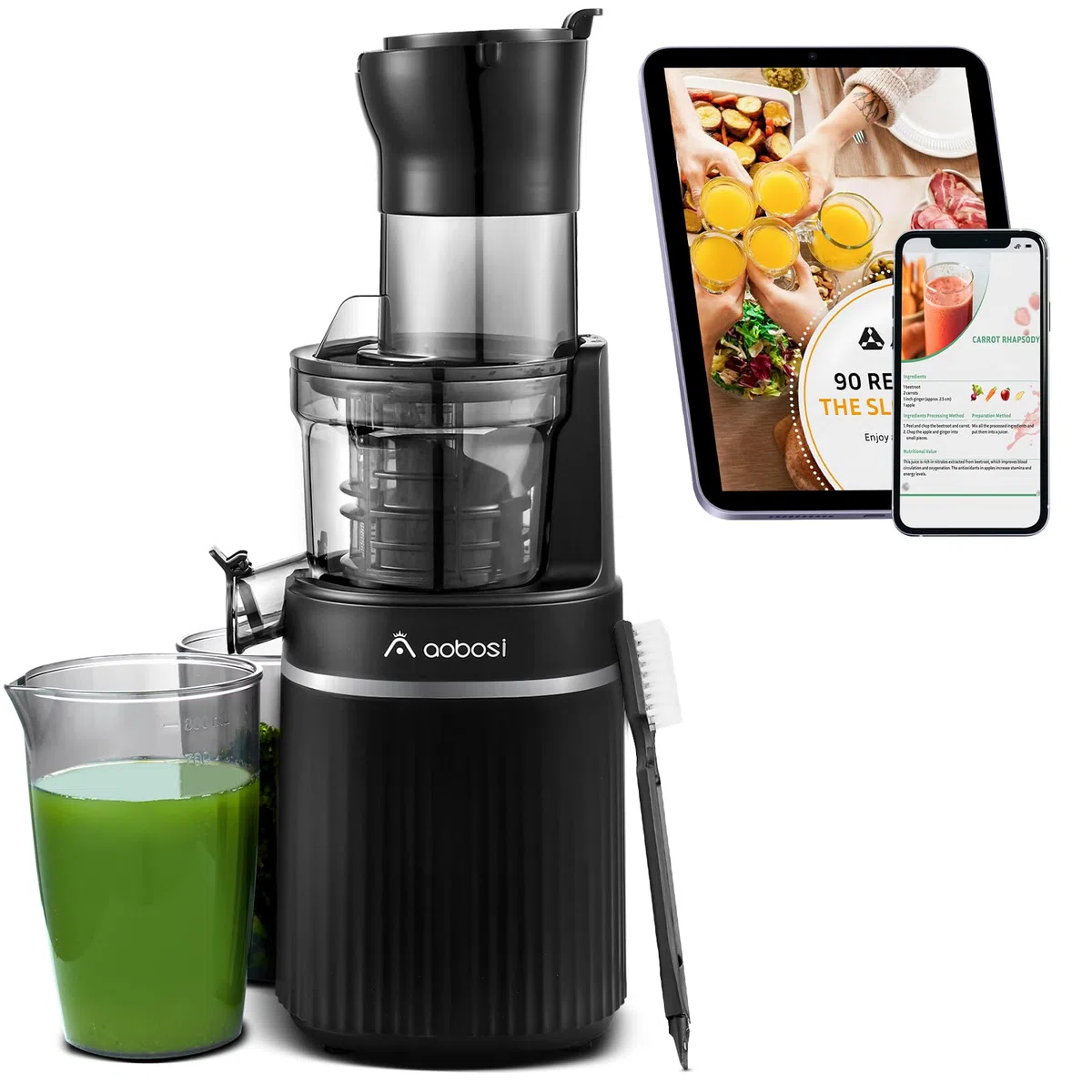 Aobosi 200 W Entsafter für Obst und Gemüse mit Umkehrfunktion und zwei Filtergrößen - Entsafter mit intelligentem Chip - Zitruspresse schwarz