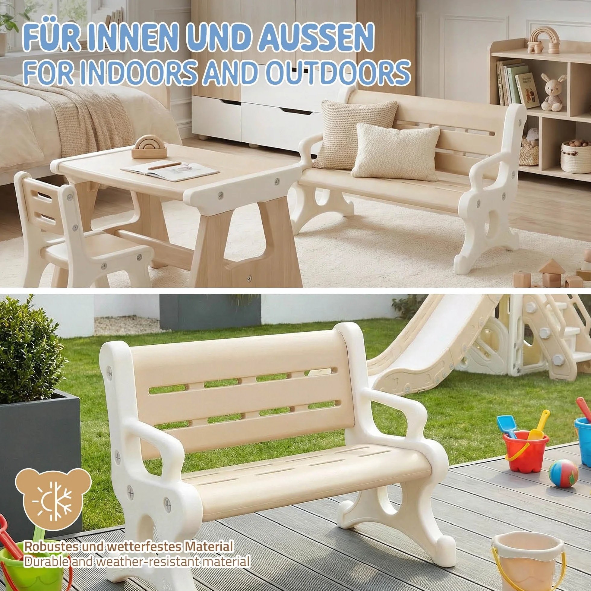 Joyz Kindersitzbank Outdoor aus Kunststoff, Sitzbank für Kinder ab 3 Jahre, Braun-Weiß, Kinderbank wetterfest mit Armlehnen, Kippschutz & Stecksystem, Kleine Bank mit 2 Sitzplätze, 81,5x59,5x48 cm