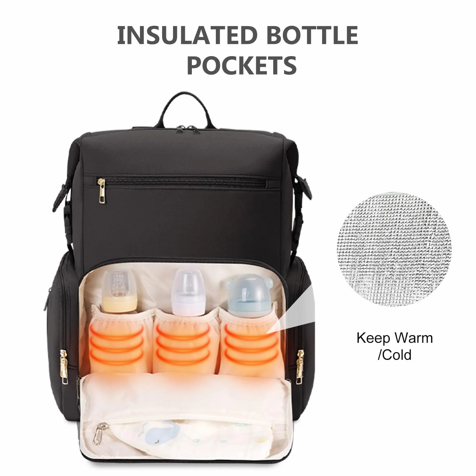 CEI-CEI Baby Wickeltasche/Rucksack mit Isolierter Flaschentasche, Wasserdichtes Neoprengewebe, Wickelrucksack Groß, Windeltasche für Unterwegs Mommy Bag mit Wickelunterlage (Schwarz)