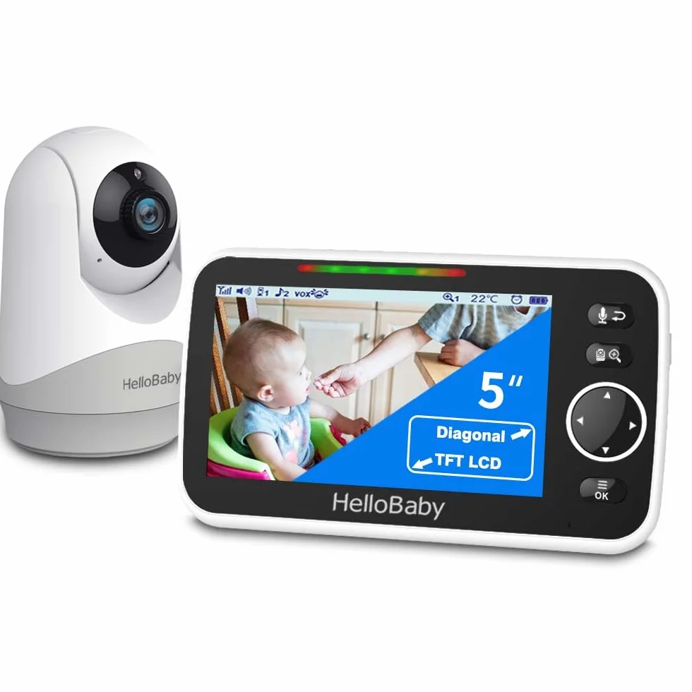 HelloBaby Monitor mit Kamera und Audio, 5-Zoll-Großbildschirm mit 3500-mAh-Akku, Ferngesteuerte Pan-Tilt-Zoom-Kamera, Zwei-Wege-Gespräch, ECO-Modus, automatische Nachtsicht, Reichweite bis zu 293 m