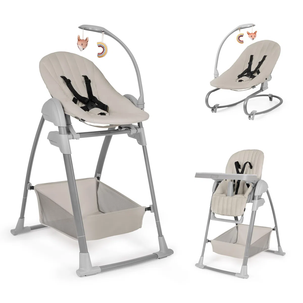 Hauck Sit N Relax 3in1 Beige Hochstuhl ab Geburt bis 15 kg mit Neugeborenenaufsatz Babywippe Spielbogen Essbrett Räder Korb Höhenverstellbar Faltbar