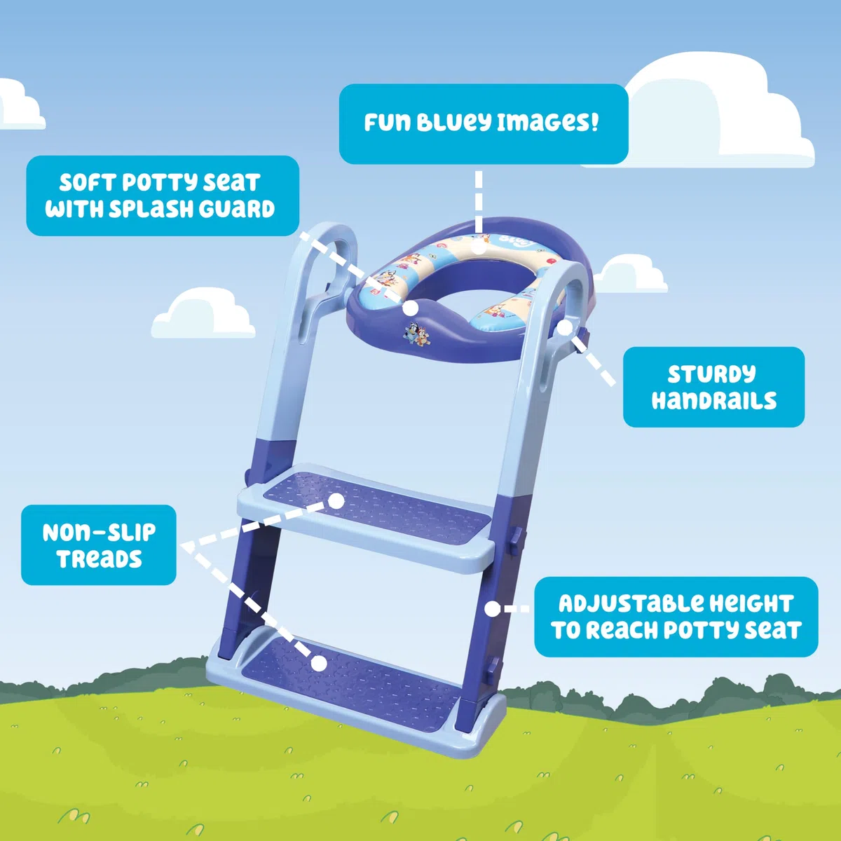 Bluey Step & Sit Töpfchentrainer; sichere Leiter für kindersichere Kletterungen zum Töpfchen; lustige blaue Bilder auf gepolstertem Töpfchensitz; verstellbare Leiterhöhe; abnehmbarer Sitz zur