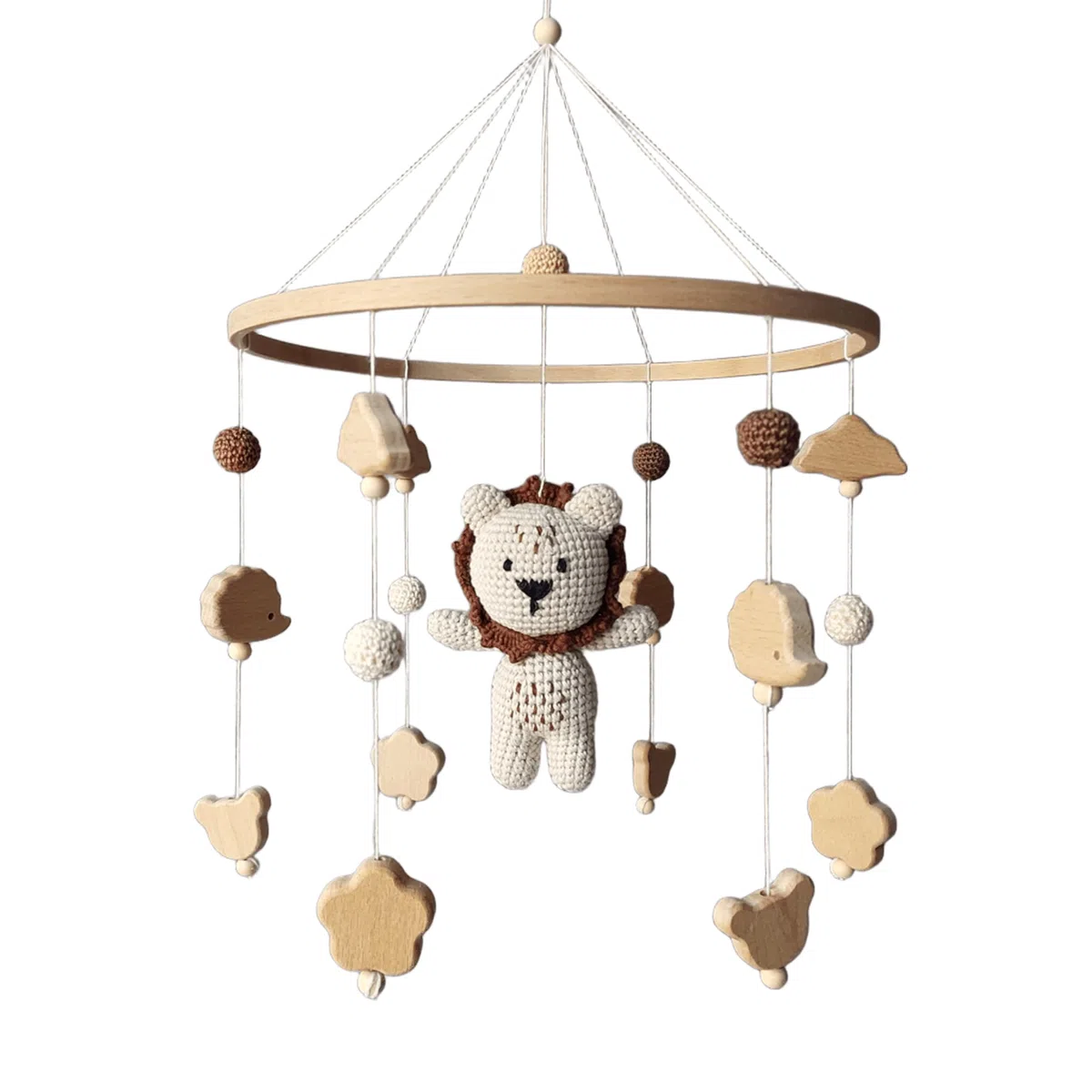 Handgemachtes Baby Mobile in Braun mit gehäkeltem Löwen – Kinderbett Mobile aus Holzperlen, Blättern & Baumwolle – Safari & Afrika Deko fürs Babyzimmer – Neugeborenen Geschenk