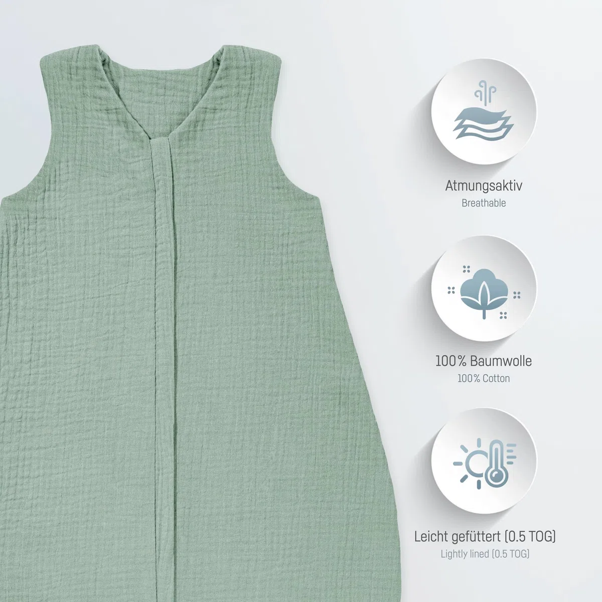 Julius Zöllner Sommerschlafsack Musselin 0,5 TOG Gr. 56/62 | 100% Baumwollmusselin | Oeko-TEX Standard 100 | grün