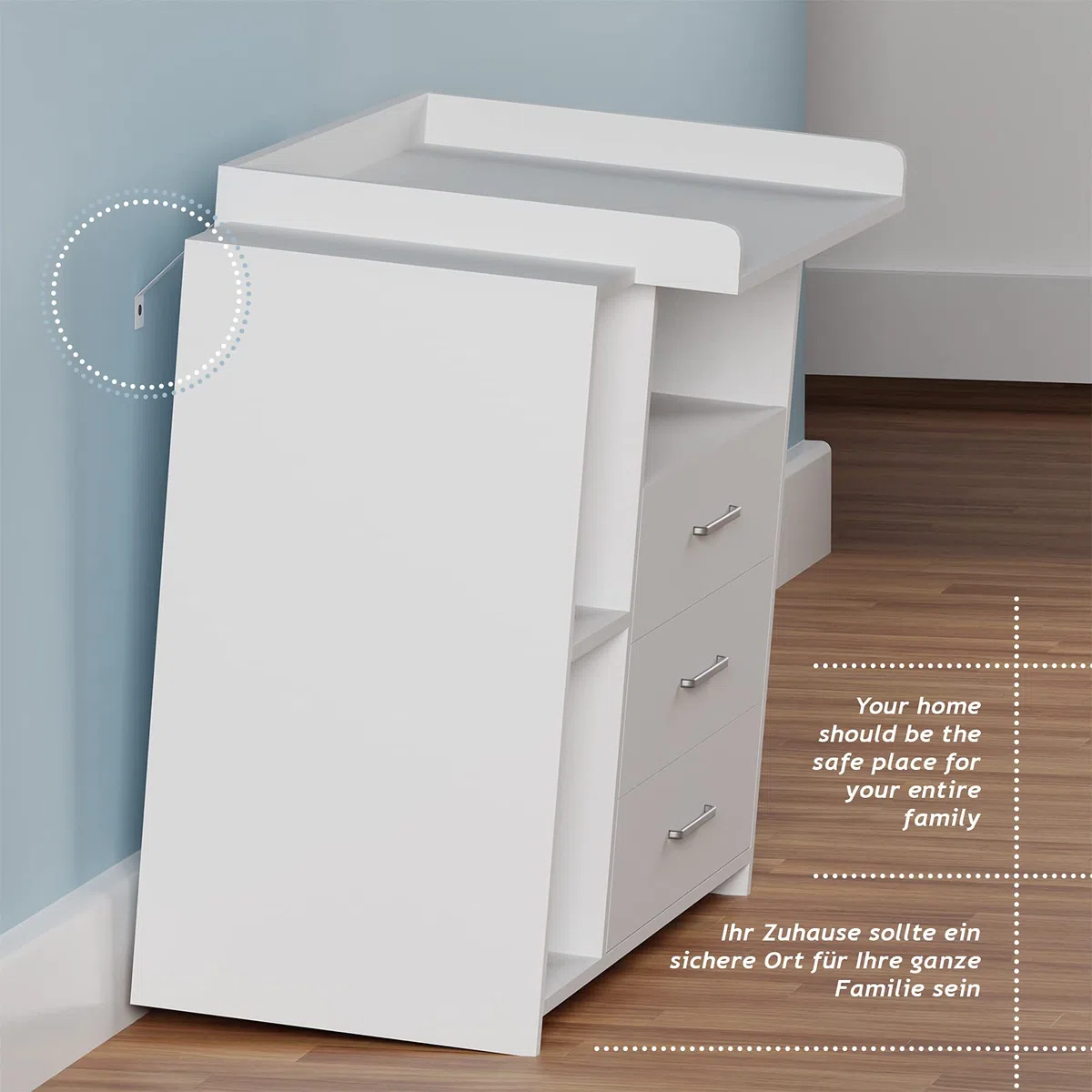 Infantastic Wickelkommode 3 Schubladen 3 Fächer 113x53x101.6 cm MDF Weiß Grau Sonoma Baby Kommode Wickeltisch