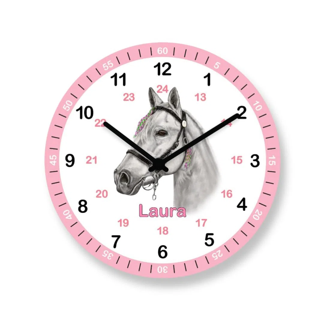 Kinder Wanduhr Pferd Lernuhr Rosa mit Wunsch Name Kinderuhr