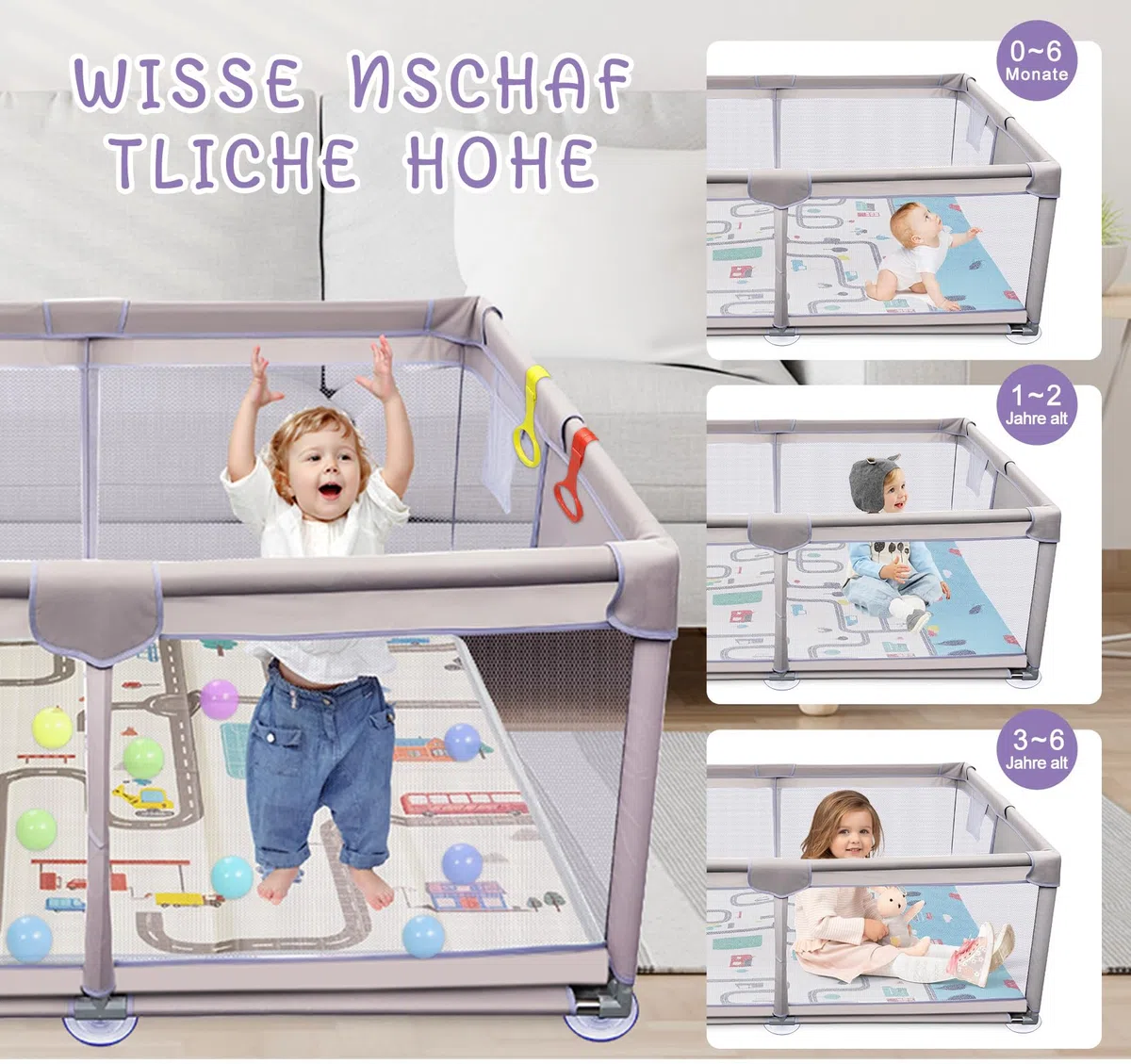 Faltbarer Baby-Laufstall 120x120 cm mit Spielmatte,Anti-Kollision Schaum Absperrgitter mit atmungsaktivem Netz–Der sichere Spielpark für Kind |Perfekter Laufgitter zum Krabbeln, Laufen & Spielen