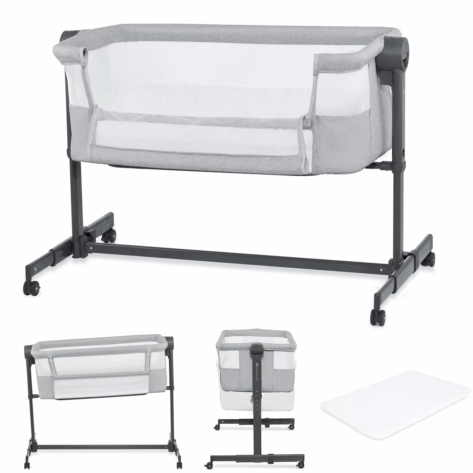Kinderkraft NESTEE UP 2 Beistellbett 2 in 1, Kinderreisebett mit Matratze Laken, 5-stufige Matratzenhöhenverstellung, 4 Rädern mit Bremse, Weichen Material, Leichte Konstruktion, Grau