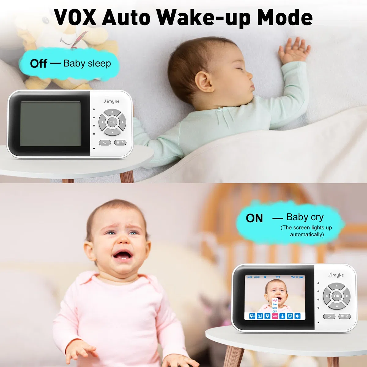 Simyke Smart Baby Monitor mit 2 Kameras und Audio 2.8'' Bildschirm WLAN ON/Off Switch Vision 2-Wege-Gespräch, 1200ft Lange Reichweite Fütterung Uhr Temperatur-Erkennung, tragbare drahtlose Baby Cam