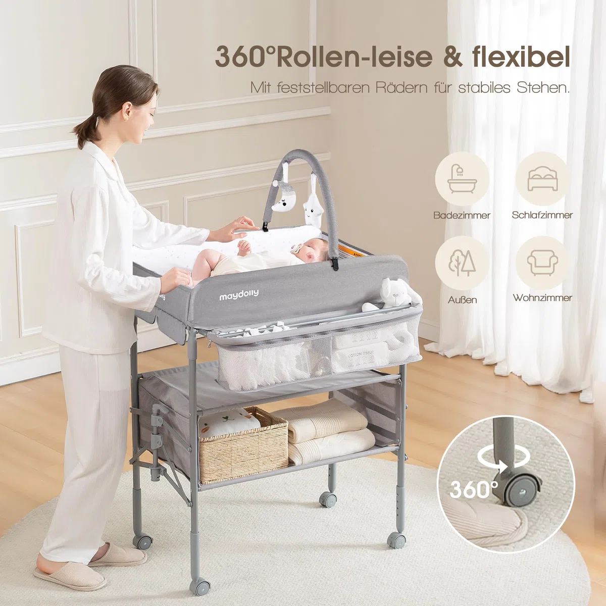 Maydolly Tragbarer Wickeltisch für Babys, Höhenverstellbar mit Rädern, Wasserdichtes Sitzkissen, Grau