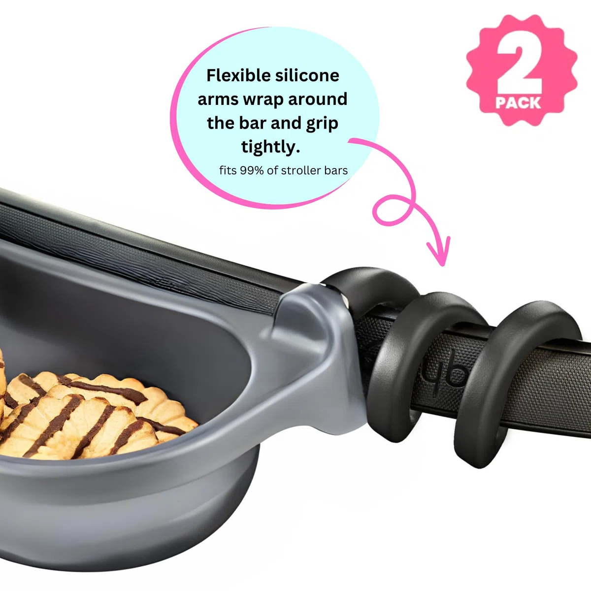 Swanoo Universelles Snack-Tablett für Kinderwagen, Getränkehalter für Kinderwagen, Silikon-Arme, Griffstange, bleibt an Ort und Stelle, Kinderwagen-Befestigung mit Becherhalter für Baby, Kleinkind