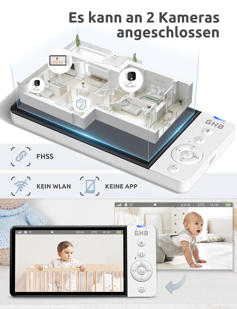 GHB Babyphone mit Kamera 5 Zoll HD 5000mAh IPS-Display VOX-Modus 4X Zoom Nachtsicht Temperaturanzeige Zwei-Wege-Audio 720P Nicht drehbar