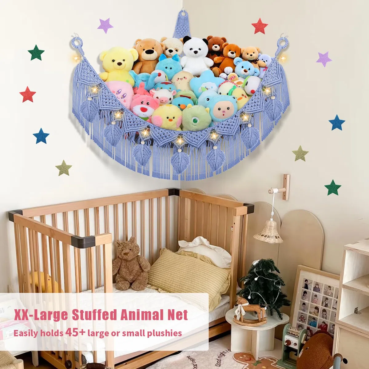 Stofftier-Hängematte, Boho-Blattquasten, Eckspielzeughalter, Wandmontage, Hängenetz-Organizer für Kinderzimmer, Dekoration, Plüschtiernetz mit Lichterkette für Jungen und Mädchen, Himmelblau