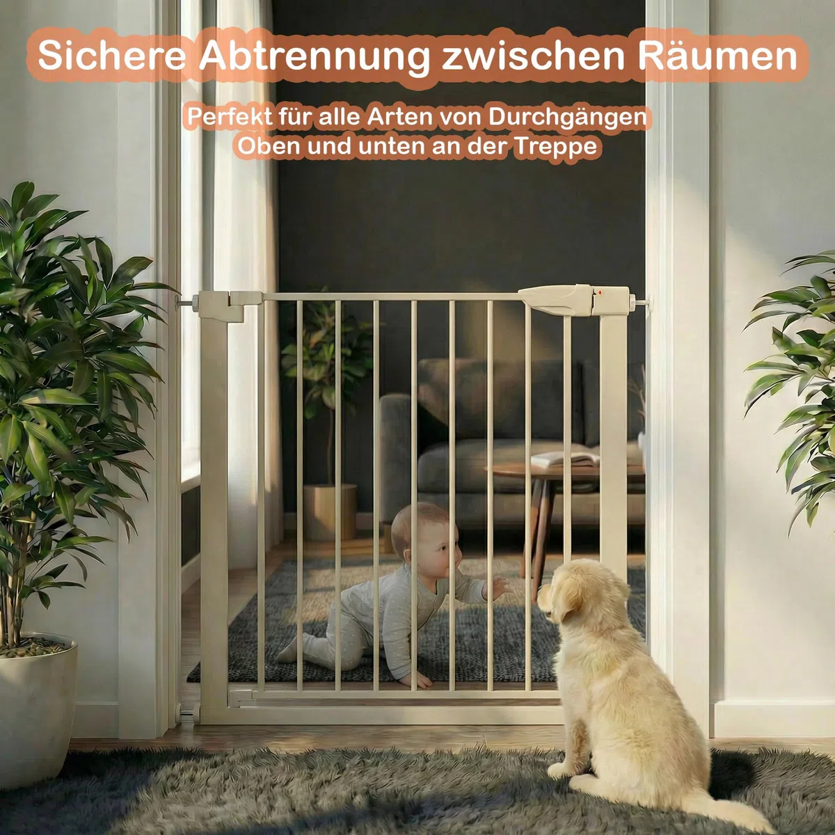 Treppenschutzgitter ausziehbar ohne Bohren - Türschutzgitter 96cm Beige | Türschutzgitter ohne Bohren für Babys, Kinder & Haustiere, Sicherheitsgitter, Kinderschutzgitter für Treppen & Türen