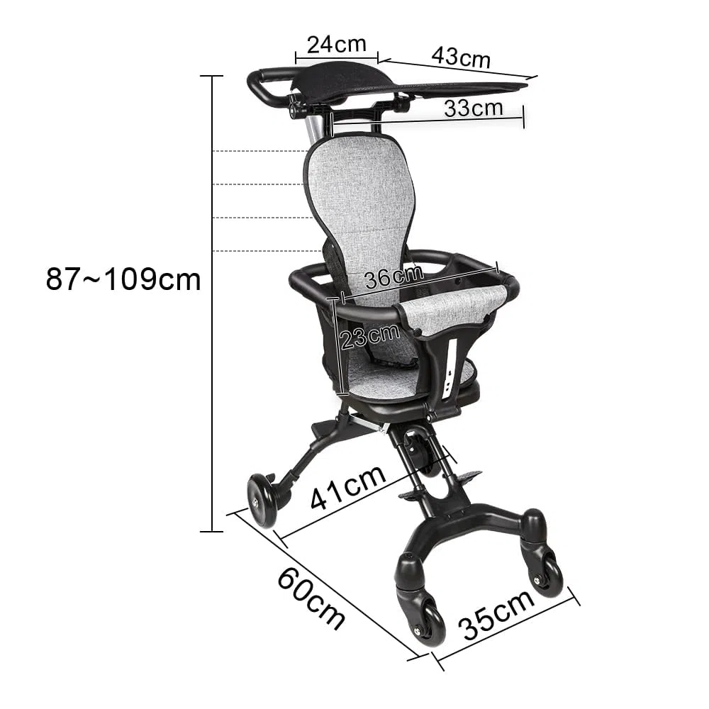 Kompakter Kinderwagen - Bis zu 25 kg, Neigbar, Faltbar mit Getränkehalter, Regenschutz, Sonnenverdeck (UPF 50+) und Einkaufskorb XL - 30 * 55 * 86,5 cm - Grau + Schwarz