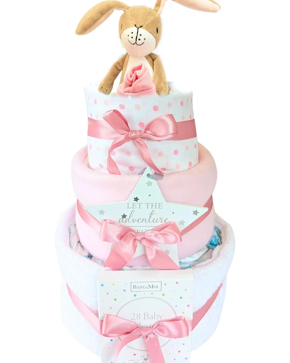 Welcome to the World Windeltorte mit 3 Ebenen, Geschenk für Neugeborene, Mädchen, Rosa, Guess How Much I Love You