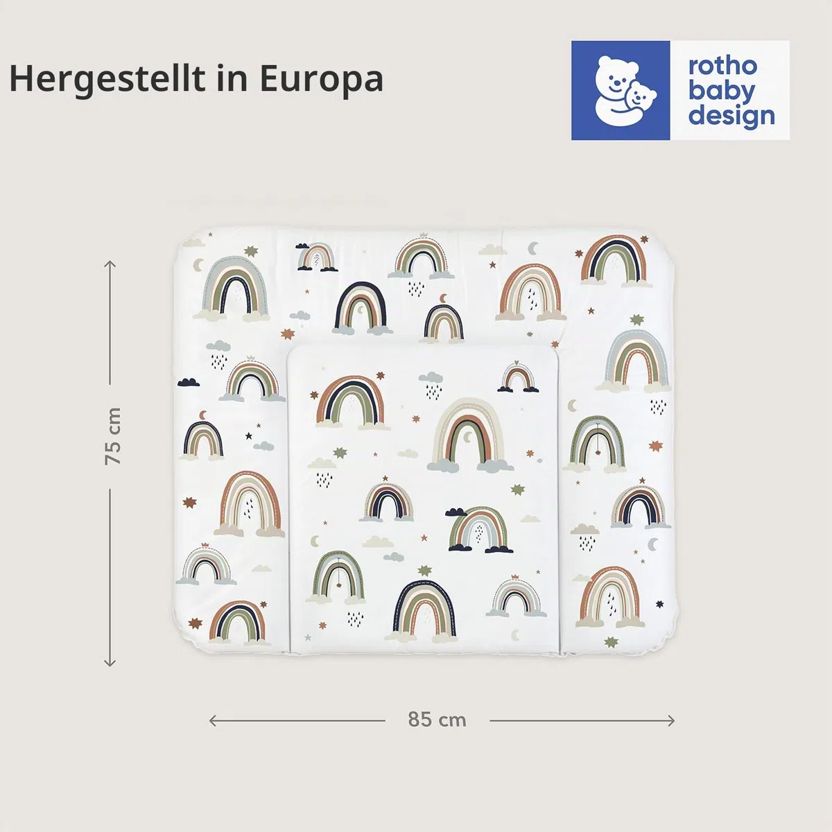 Rotho Babydesign Wickelauflage Breit (85 x 72 cm) - wickelauflage - wickeltischauflage - abwaschbar - wickelmatte - wasserdicht - Motiv Boho Rainbow