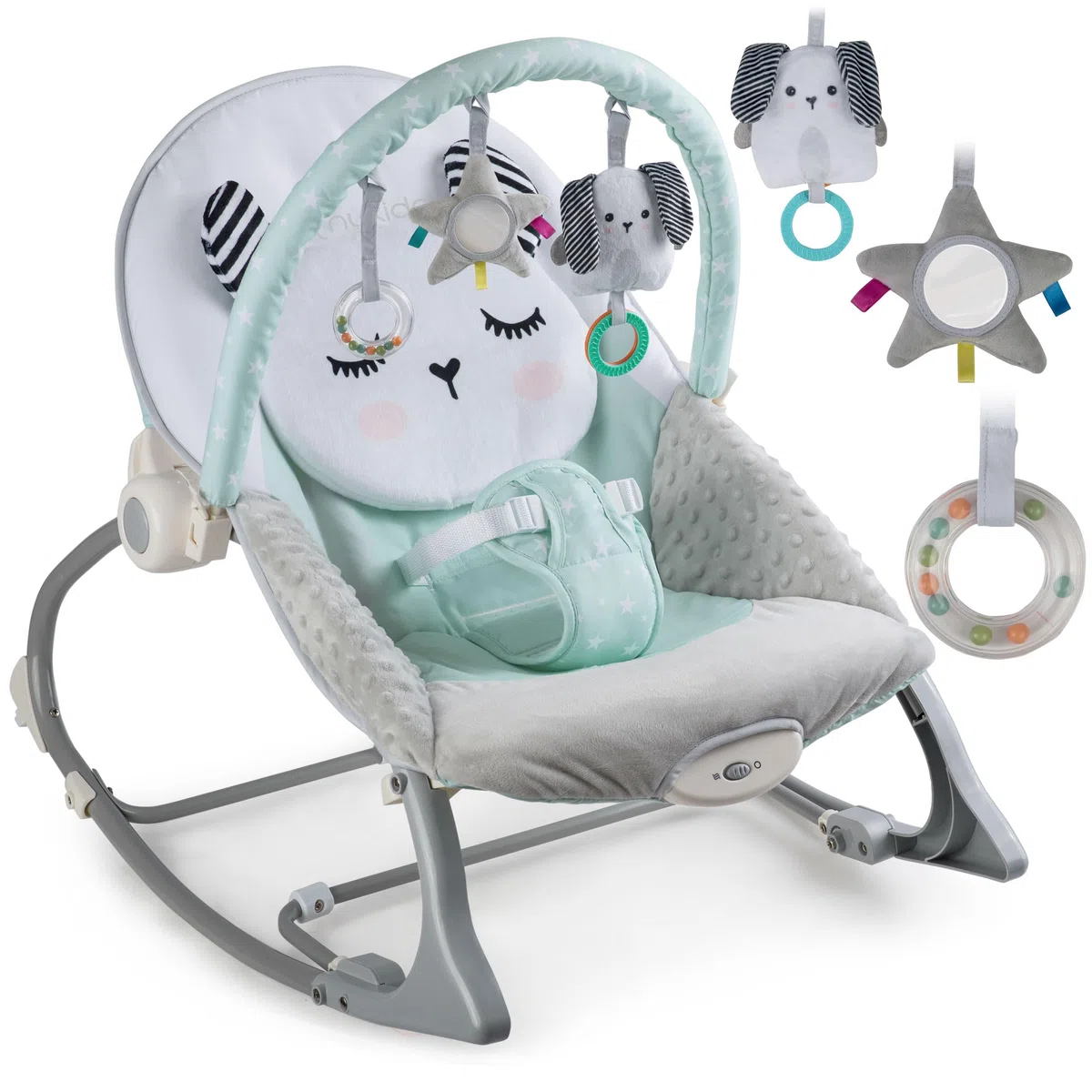 Nukido Babywippe Baby Wippe Babyschaukel Babyliege - mit Vibration und Spielzeugen - Rutschfeste Füße und 3-stufige Sicherheitsgurte - bis 18 kg Grau-Minze