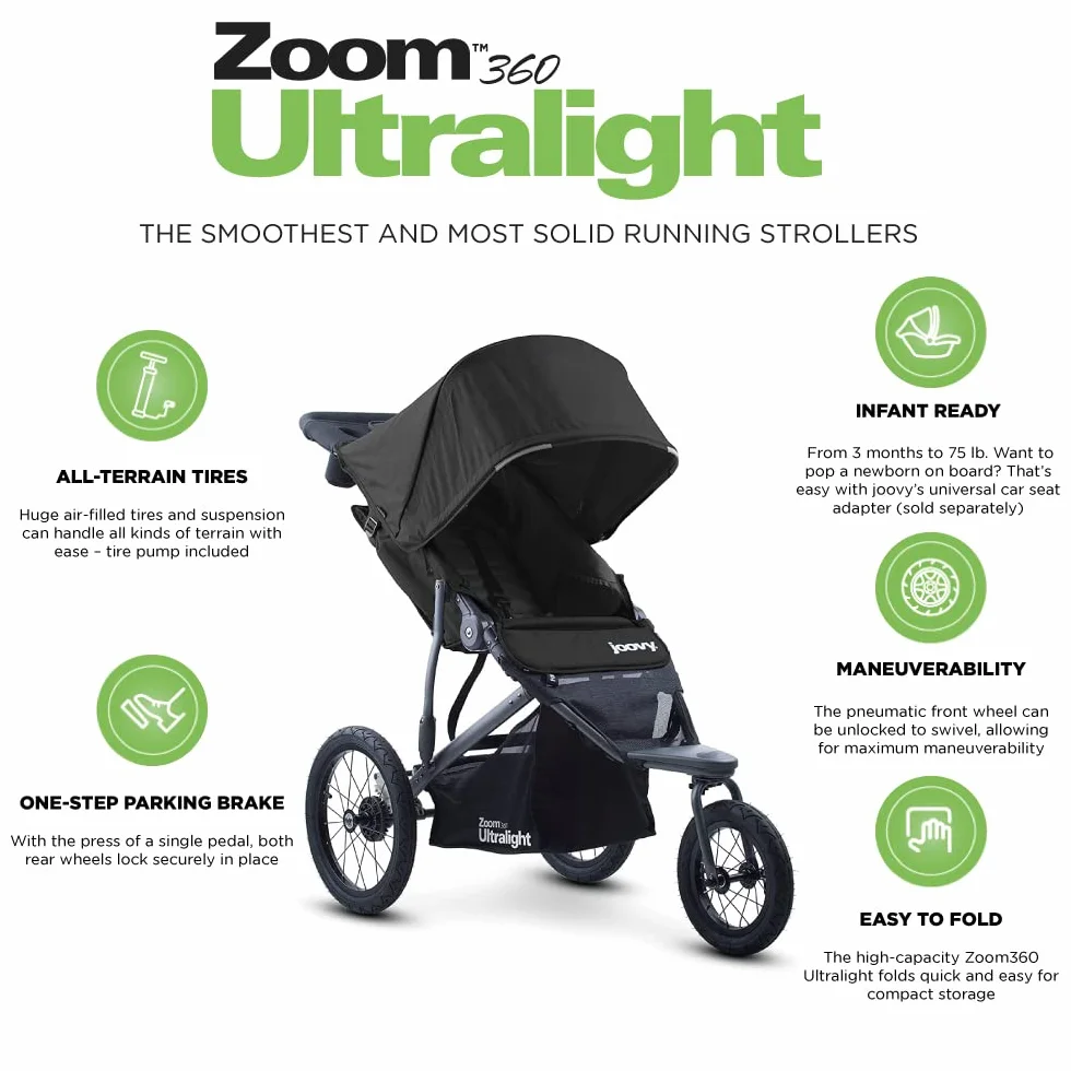 Joovy Zoom 360 Ultraleichter Jogging-Kinderwagen, Sports Buggy, großes Vordach, extra große luftgefüllte Reifen, schwarz