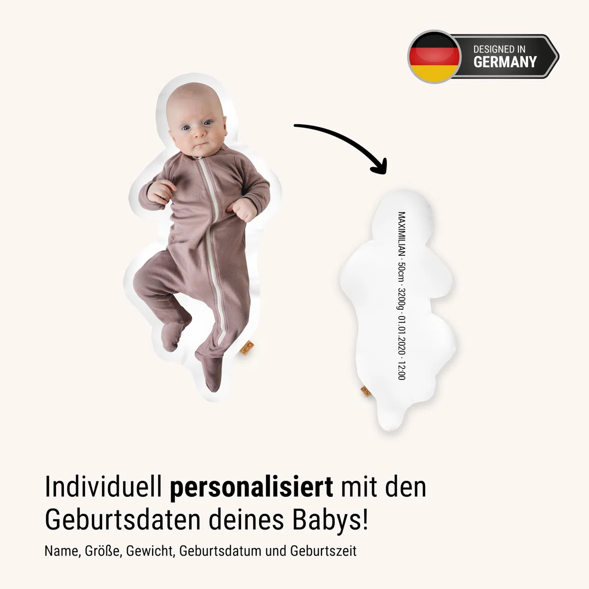 Personalisiertes Geburtskissen Fotokissen zur Geburt 1:1 Maßstab ohne Gewicht | Mit Namen für Neugeborene | Erinnerungen in Originalgröße Jungen Mädchen | Geschenk zur Taufe
